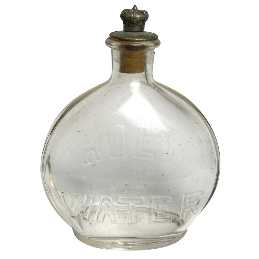 Antique 1920s Holy Water embossed glass flask bottle cork crown stopper Catholic